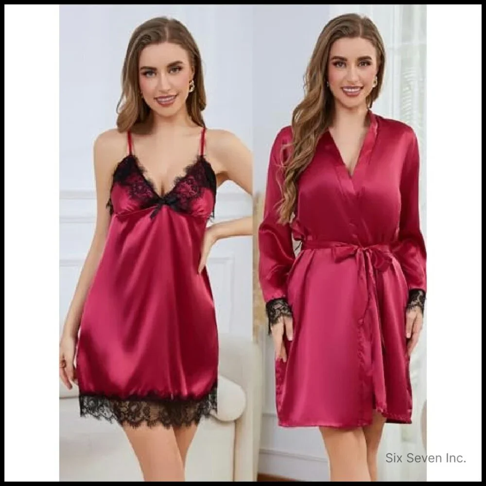 Silk Lingerie Robe Nightgown Set Sexy Lace V Neck Satin Sleepwear Elegant